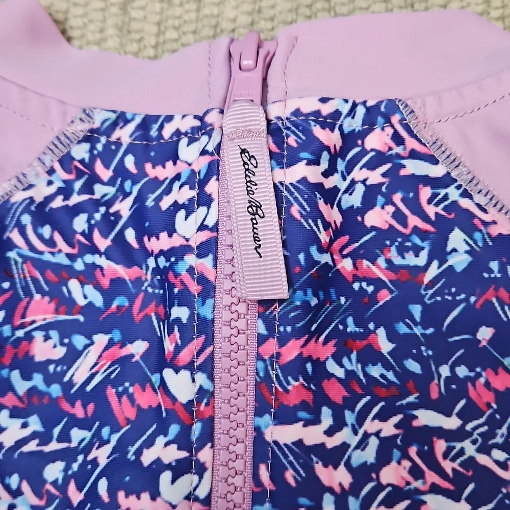 Eddie Bauer Girls Rash Guard Swim Shirt Size 10/12 Short Sleeve Zip Back Purple